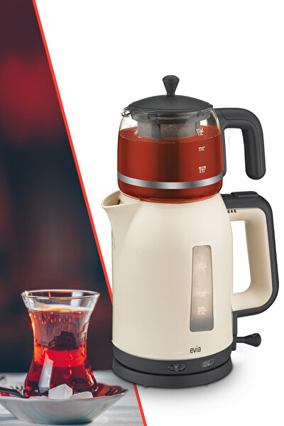 Evia Çayzade EA-4308J 1.7 L 2200 W Cam Demlikli Krem Çay Makinesi ve Su Isıtıcısı