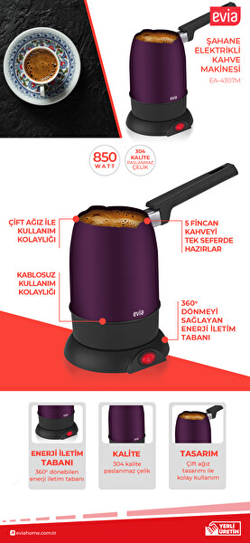 Evia Şahane EA-4307M 850 W Çift Ağızlı Paslanmaz Çelik Mor Elektrikli Cezve