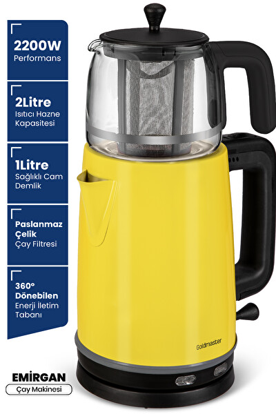 Goldmaster GM-7375SR Emirgan 2 L 2200 W Cam Demlikli Sarı Çay Makinesi
