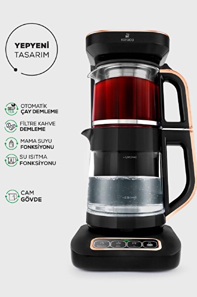 Karaca Çaysever Robotea Pro 4 in 1 2500 W Konuşan Otomatik Su Isıtıcı Black Coppe Çay ve Filtre Kahve Makinesi