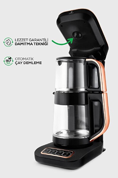 Karaca Çaysever Robotea Pro 4 in 1 2500 W Konuşan Otomatik Su Isıtıcı Black Coppe Çay ve Filtre Kahve Makinesi