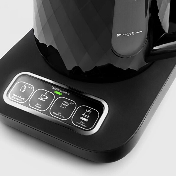 Karaca Çaysever Robotea Pro Quartz 4'ü 1 Arada 2500 W Konuşan Otomatik Siyah-Krom Çay Makinesi ve Filtre Kahve Demleme Makinesi