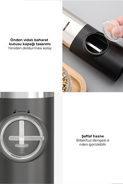 Neutron Pilli Led Işıklı Tuz Karabiber Değirmeni Otomatik Baharat Öğütücü 2'li Paket