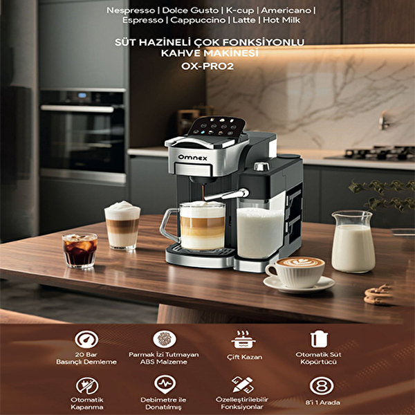 Omnex Ox-Pro2 Süt Köpürtücü Latte Cappuccino Kapsül ve Öğütülmüş Kahve Espresso Makinesi