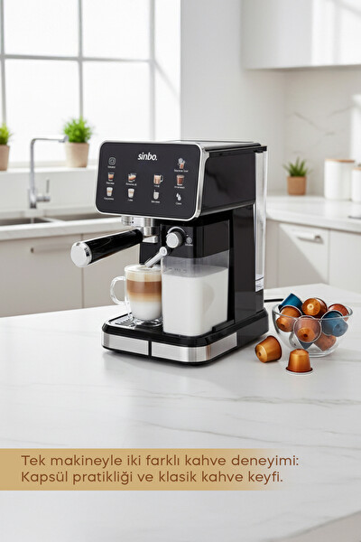 Sinbo Scm‑2995 20 bar Basınç Süt Haznesi Dokunmatik Pro Kapsüllü Toz Kahve Espresso Makinesi