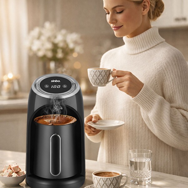 Sinbo SCM-2990 1-4 Fincan Kapasite Bol Köpük Dijital Göstergeli Otomatik Türk Kahve Makinesi Siyah