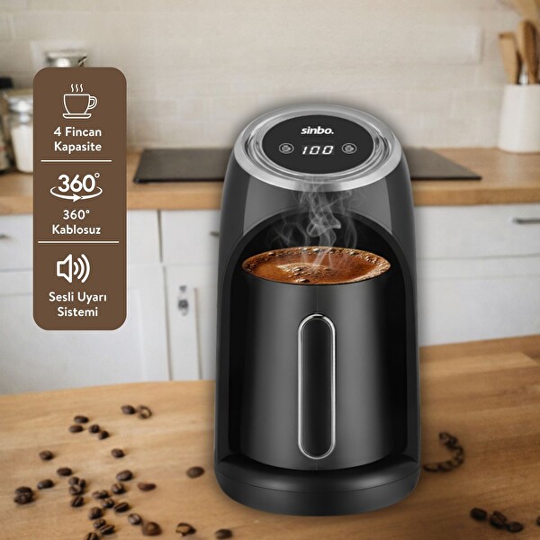 Sinbo SCM-2990 1-4 Fincan Kapasite Bol Köpük Dijital Göstergeli Otomatik Türk Kahve Makinesi Siyah