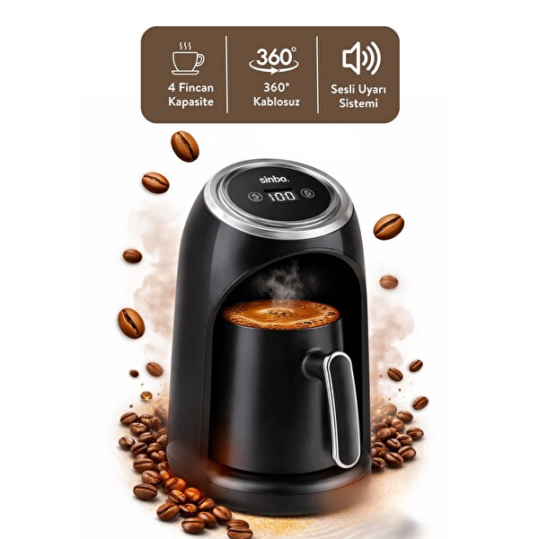 Sinbo SCM-2990 1-4 Fincan Kapasite Bol Köpük Dijital Göstergeli Otomatik Türk Kahve Makinesi Siyah