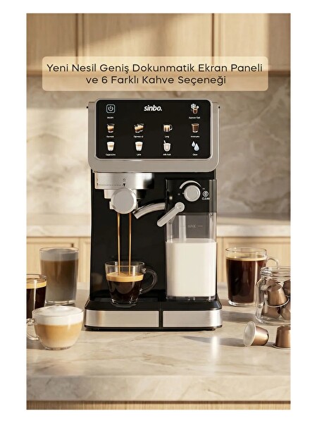 Sinbo SCM‑2994 Pro 15 BAR Basınç Süt Haznesi Dokunmatik Kapsüllü ve Toz Kahve Espresso Makinesi