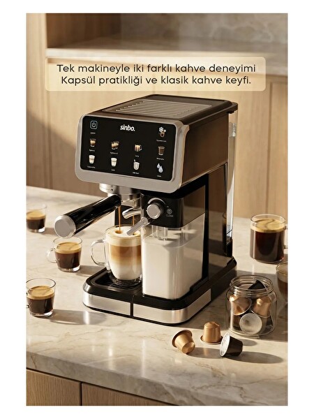 Sinbo SCM‑2994 Pro 15 BAR Basınç Süt Haznesi Dokunmatik Kapsüllü ve Toz Kahve Espresso Makinesi