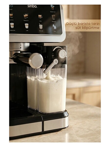 Sinbo SCM‑2994 Pro 15 BAR Basınç Süt Haznesi Dokunmatik Kapsüllü ve Toz Kahve Espresso Makinesi