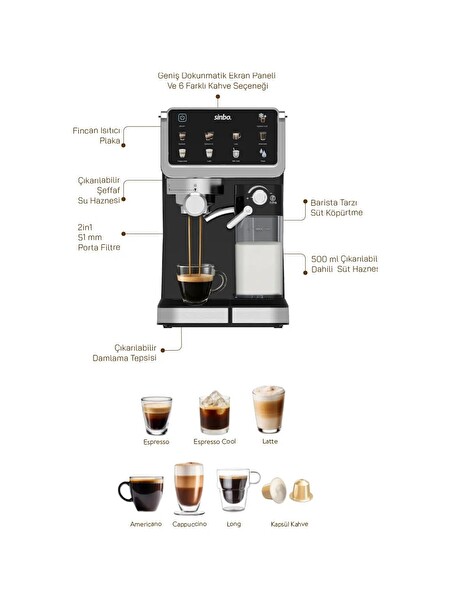 Sinbo SCM‑2994 Pro 15 BAR Basınç Süt Haznesi Dokunmatik Kapsüllü ve Toz Kahve Espresso Makinesi
