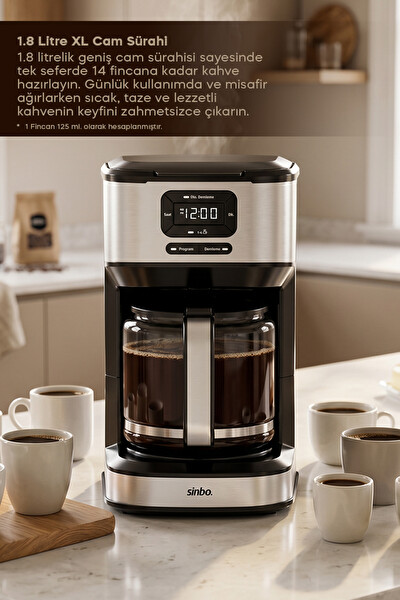 Sinbo SCM-9042 Otomatik Zaman Ayarlı XL 14 Fincan Filtre Kahve Makinesi Dijital Göstergeli
