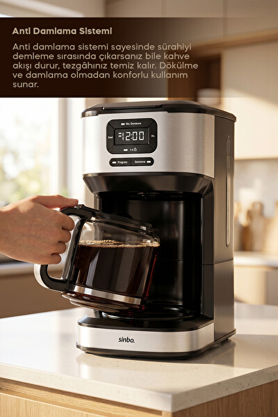 Sinbo SCM-9042 Otomatik Zaman Ayarlı XL 14 Fincan Filtre Kahve Makinesi Dijital Göstergeli