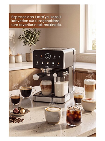 Sinbo SCM-3036 Pro 20 Bar 7 Kahve Süt Hazneli Kapsül Uyumlu Espresso Kahve Makinesi