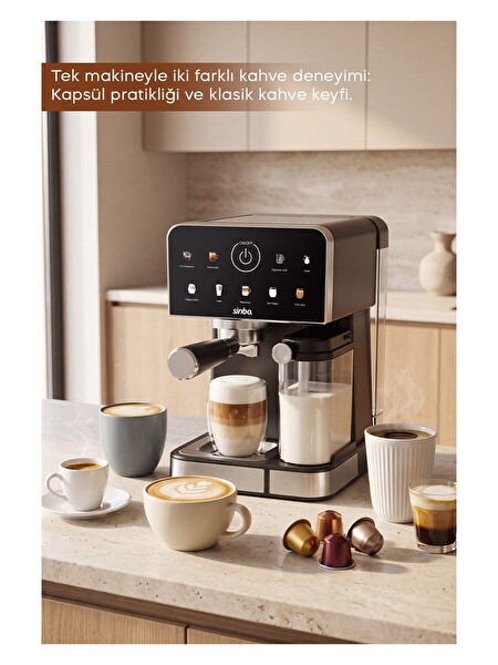Sinbo SCM-3036 Pro 20 Bar 7 Kahve Süt Hazneli Kapsül Uyumlu Espresso Kahve Makinesi