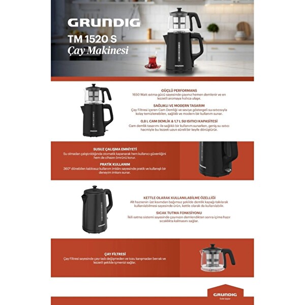 Grundig TM 1520 S Cam Demlikli Plastik Gövdeli Çay Makinesi 0.8 L Siyah