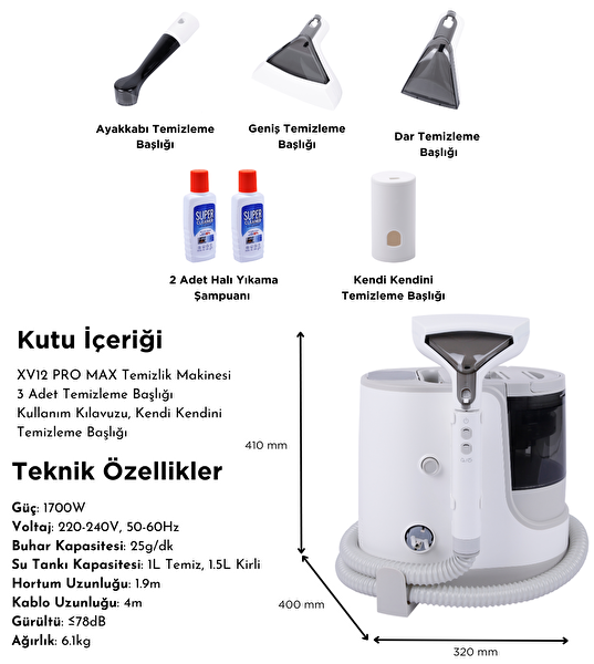 Yui XV12 Pro Max 1700 W Buharlı Koltuk ve Halı Yıkama Makinesi - Buharlı Temizleyici