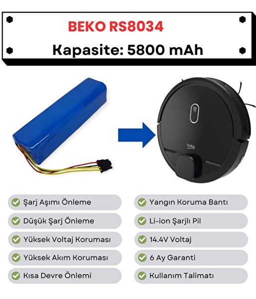 Robotyedek Beko RS8034 Uyumlu Batarya 14.4V 5800 mAh Robot Süpürge Pili