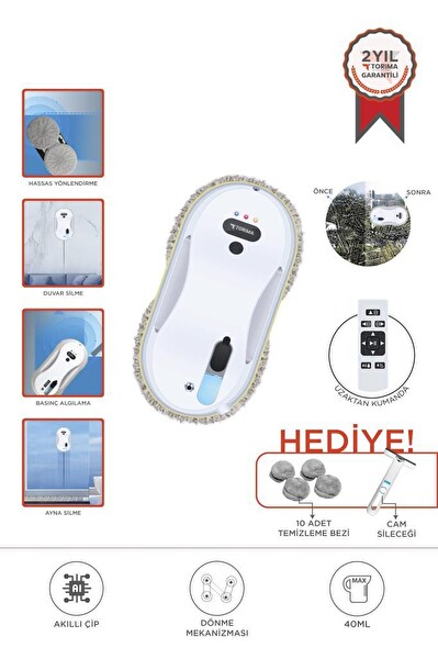 Torima S9 Beyaz Su Püskürtmeli Uzaktan Kumandalı Cam Pencere Temizleme Robotu