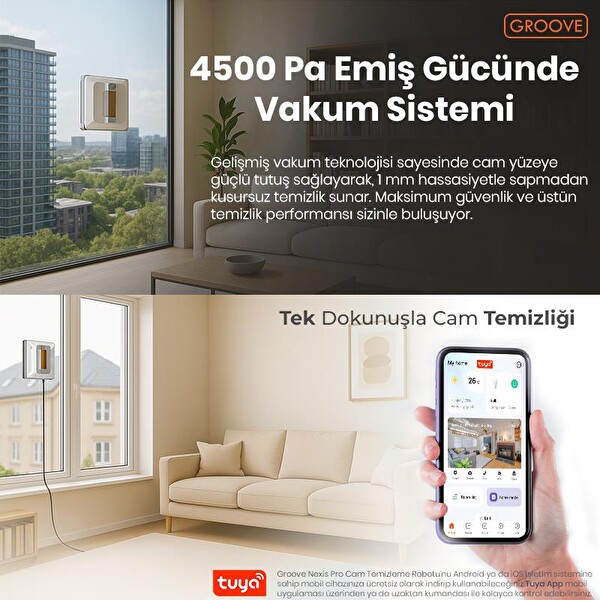 Groove Nexis Pro Akıllı Uygulama Kontrollü Yapay Zeka Ultra Sessiz Akıllı Sensör Cam Temizleme Silme Robotu - 4 Ultrasonik