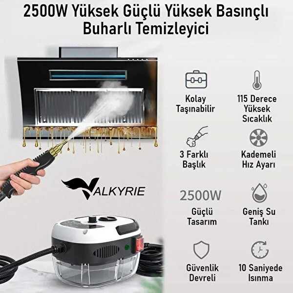 Valkyrie 2500W Yüksek Basınçlı Buharlı Temizleyici 115 Derece 3 Başlık Ayarlanabilir Güç Derin Temizlik Makinesi