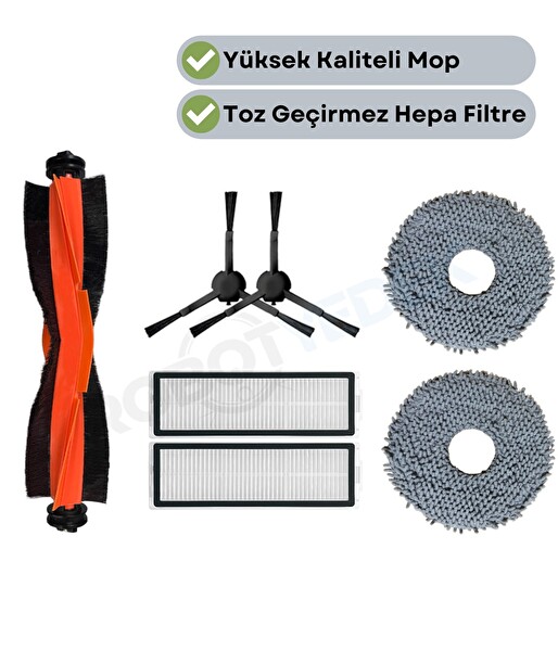 Robotyedek Xiaomi X20 Max X20 Pro (Plus Değil) Uyumlu Yedek Siyah Fırça Hepa Filtre Mop Seti-7 Parça