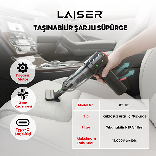 Laiser VT-101 17000 PA Katlanabilir Led Ekranlı Çekme Vakum Üfleme Özellikli Mini 3in1 Şarjlı Araç Süpürgesi