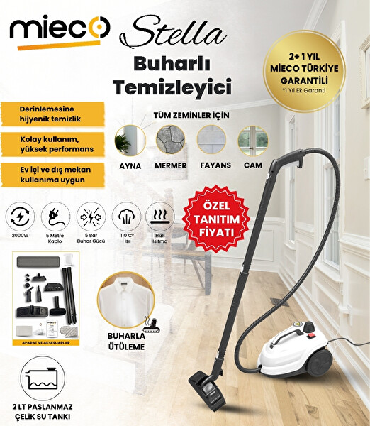 Mieco Stella 5 Bar 2000W Çok Fonksiyonlu Buharlı Temizleyici - Ütü Başlığı ve Eldiven Beyaz
