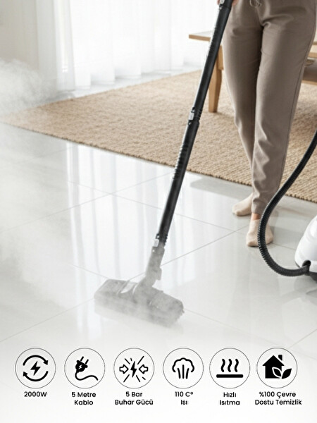 Mieco Stella 5 Bar 2000W Çok Fonksiyonlu Buharlı Temizleyici - Ütü Başlığı ve Eldiven Siyah