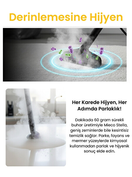 Mieco Stella 5 Bar 2000W Çok Fonksiyonlu Buharlı Temizleyici - Ütü Başlığı ve Eldiven Siyah