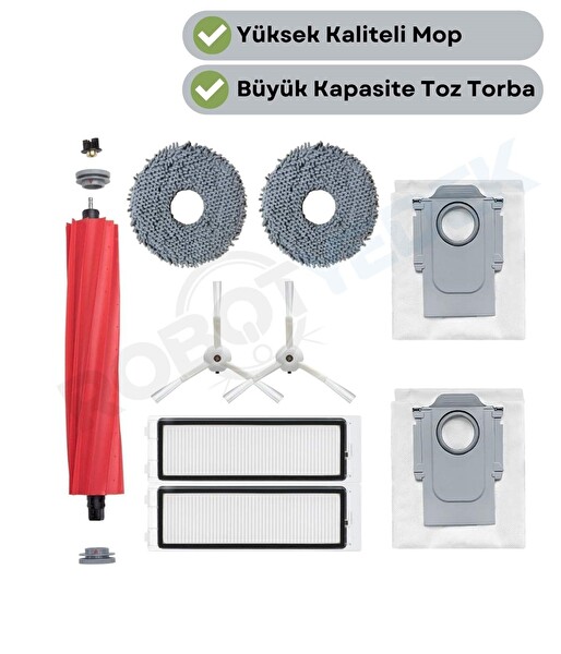 Robotyedek Roborock QRevo (S PRO MAXV Değil) Uyumlu Ana Fırça Hepa Filtre Beyaz Yan Fırça Mop Toz Torbası 9 Parça