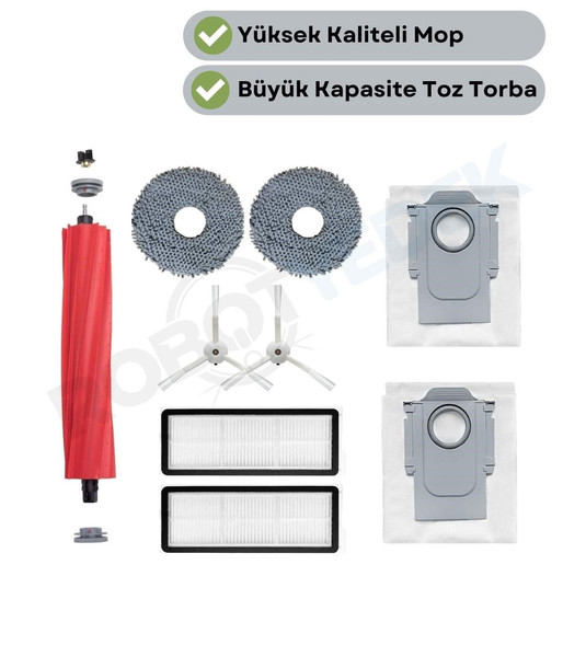 Robotyedek Roborock QRevo MaxV / QRevo Pro / QRevo S Uyumlu Ana Fırça Hepa Filtre Beyaz Yan Fırça Mop Toz Torbası 9 Parça