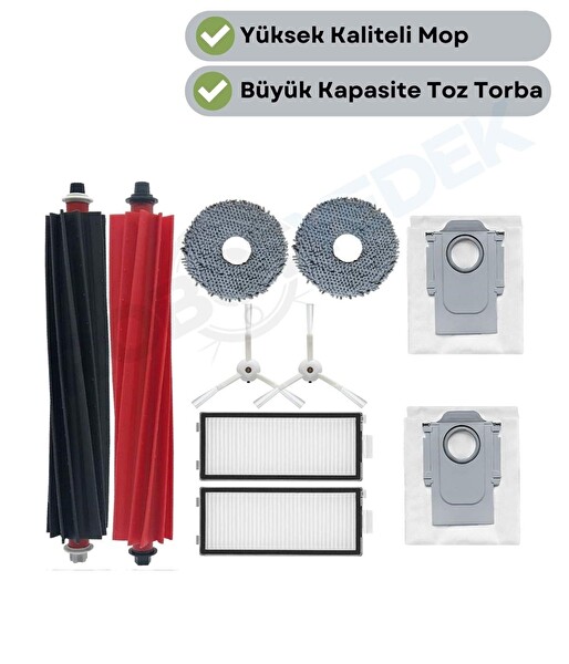 Robotyedek Roborock QRevo Slim Uyumlu Ana Fırça Hepa Filtre Beyaz Yan Fırça Mop Toz Torbası 9 Parça