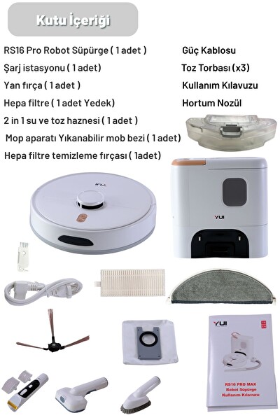 Yui RS16 Pro Max Pet Kit Özellikli Akıllı Robot Vacuum & Mop Süpürge Beyaz
