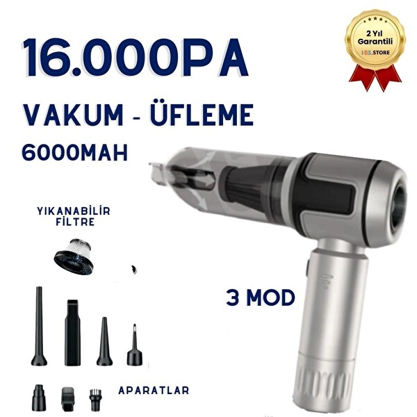 Hzl Store 16.000PA Güçlendirilmiş Pil Portatif Fırçasız Motorlu Araç Süpürgesi Ev Ofis Uyumlu 6000 mAh Bataryalı