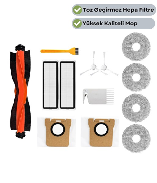 Robotyedek Xiaomi X10 Plus X20 Plus Uyumlu Yedek Siyah Fırça Hepa Filtre Mop Toz Torbası Seti-13 Parça
