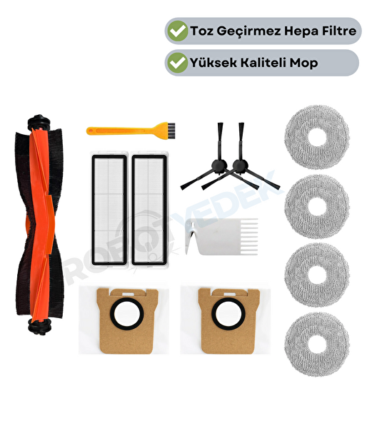 Robotyedek Xiaomi X20 Max X20 Pro (Plus Değil) Uyumlu Yedek Siyah Fırça Hepa Filtre Mop Toz Torbası Seti-13 Parça
