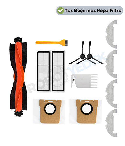 Robotyedek Xiaomi X10 Uyumlu Yedek Siyah Fırça Hepa Filtre Mop Toz Torbası Seti-13 Parça