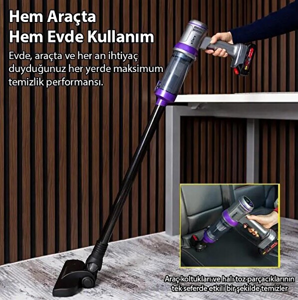 Ezere Powerstorm 20000Pa Çekim Gücü 3 Kademeli Hepa Filtreli 21V 2.0Ah Bataryalı Kablosuz El Süpürgesi