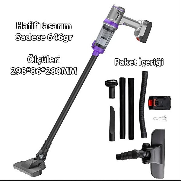 Ezere Powerstorm 20000Pa Çekim Gücü 3 Kademeli Hepa Filtreli 21V 2.0Ah Bataryalı Kablosuz El Süpürgesi