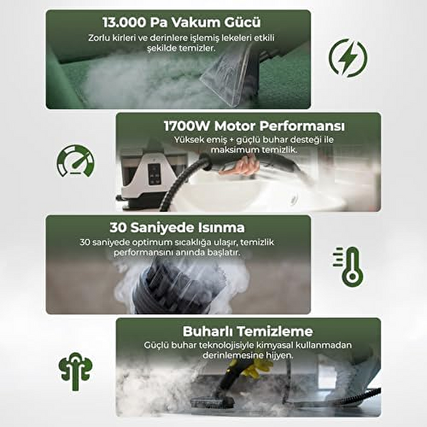 Pure Es 13000 Pa Sıcak Soğuk Buharlı Halı ve Koltuk Yıkama Makinesi Ütü Fonksiyonlu