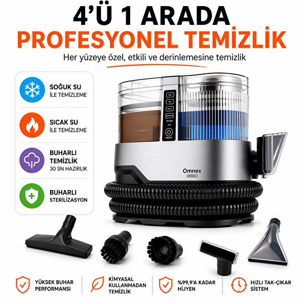 Omnex ArınMax Buharlı Koltuk Halı Yıkama Makinesi 17000Pa Çift Tanklı Profesyonel Buhar Temizleyici