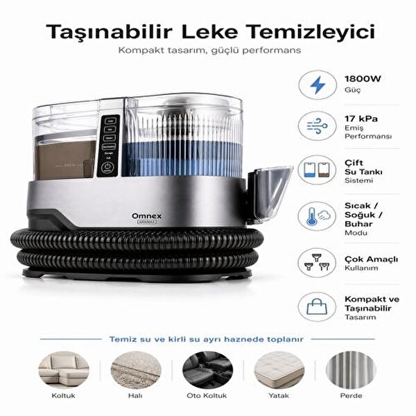 Omnex ArınMax Buharlı Koltuk Halı Yıkama Makinesi 17000Pa Çift Tanklı Profesyonel Buhar Temizleyici