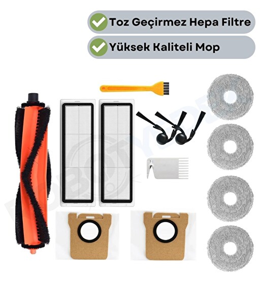 Robotyedek Xiaomi Vacuum H50-H50 Pro Uyumlu Ana Fırça Hepa Filtre Yan Fırça Toz Torbası Mop Bezi 13 Adet