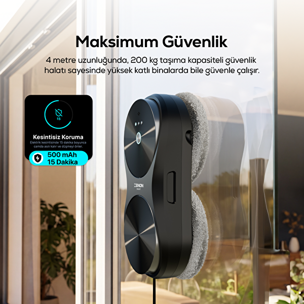 Xenon Smart Elo Lite X8680 2800 Pa Çift Su Püskürtme WiFi Mobil Kontrol Kumandalı Cam Silme Robotu Siyah