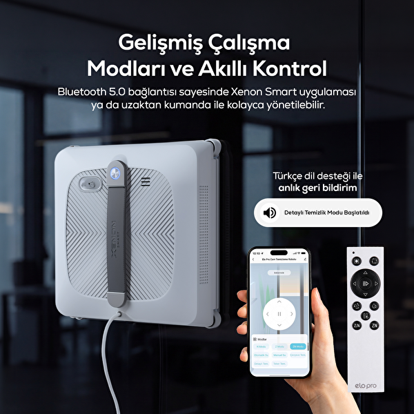 Xenon Smart Elo Pro X8682 4000 Pa 3 Yönlü Su Püskürtme WiFi Mobil Kontrol Kumandalı Cam Silme Robotu Beyaz