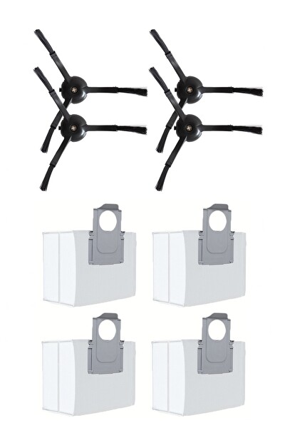 Rovexa Roborock Q8 & Q8 Max Uyumlu 4 Adet Siyah Yan Fırça 4 Adet Toz Torbası