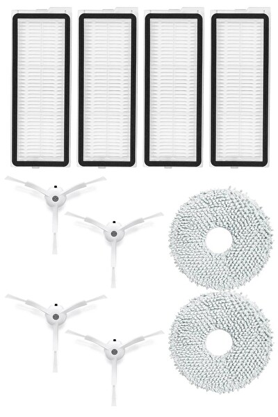 Rovexa Roborock QRevo Pro Uyumlu 4 Adet Hepa Filtre 4 Adet Beyaz Yan Fırça 2 Adet Mop Fiber Paspas