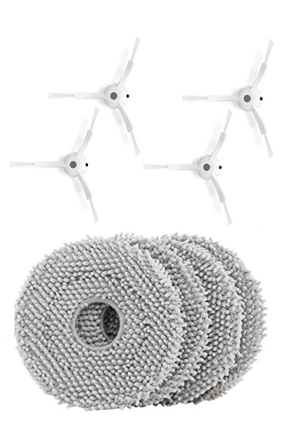 Rovexa Roborock QRevo S Uyumlu 4 Adet Beyaz Yan Fırça 4 Adet Mop Fiber Paspas
